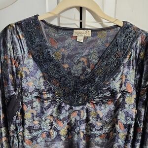 ONE WORLD Paisley Velvet Top with Lace Accents